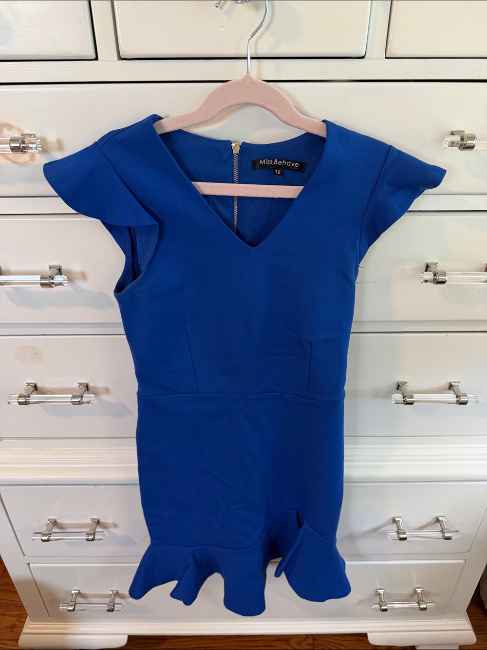 Miss Behave Bright Blue Girls' V-Neck Ruffle Hem Dress